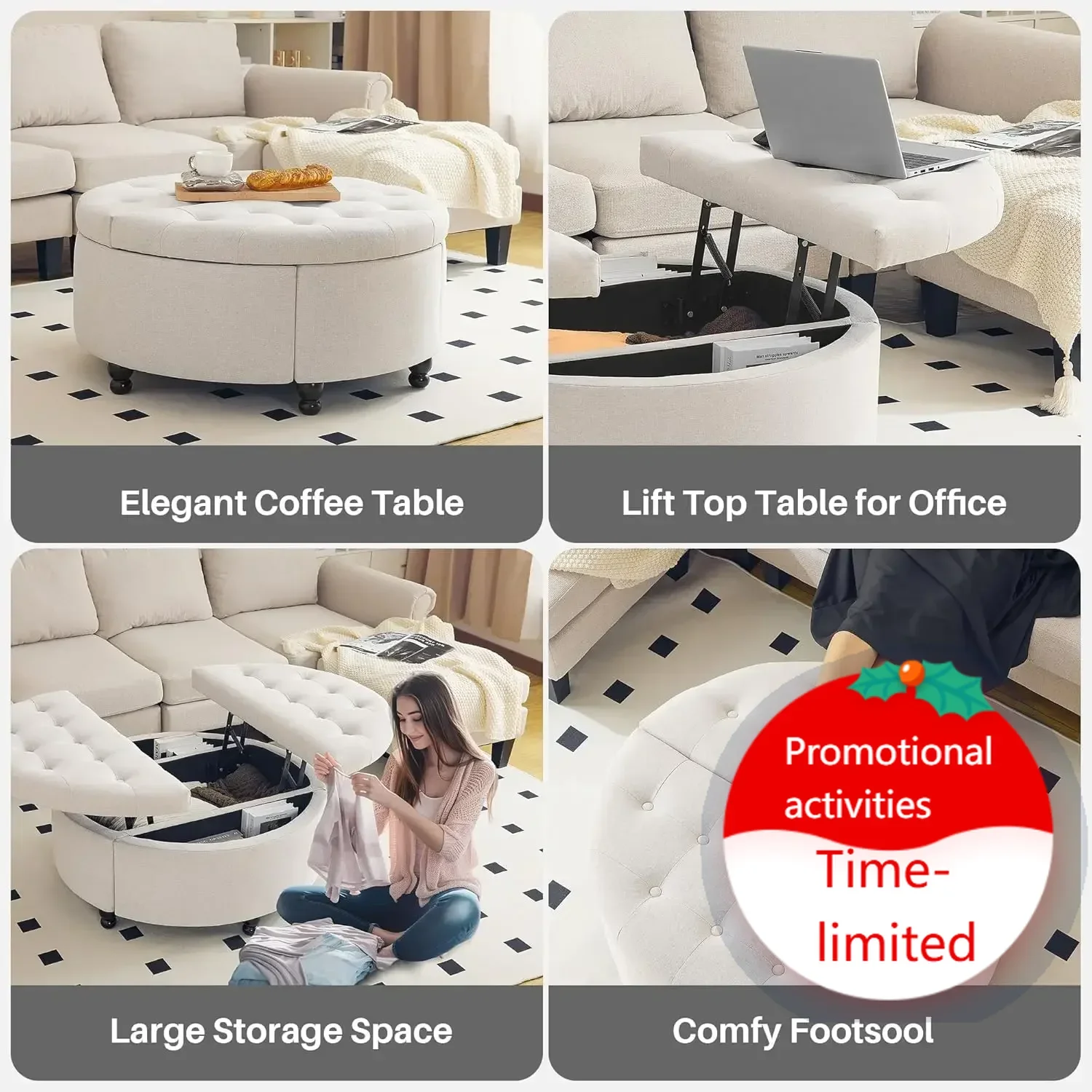 

Хит продаж: Круглый кофейный столик-пуф с отсеком для хранения, обитый тканью, с подъемной столешницей, 35 дюймов, большой пуф с отсеком для хранения из льняной ткани