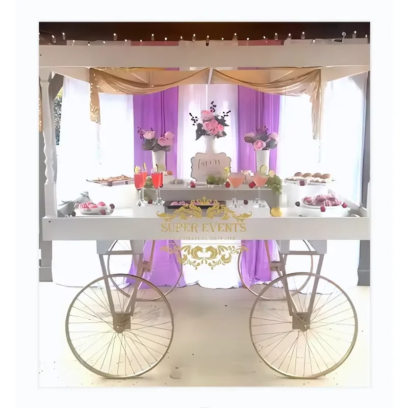 Hot Sale Wedding Event Supplies Flower Dessert Display Bar Cart White Metal Sweet Candy Cart for Wedding Events Decoration