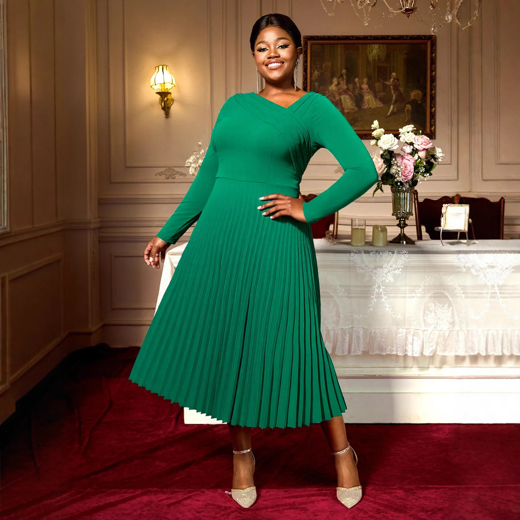 

L-4XL Дашики Африканские платья для женщин Зеленые элегантные осенние платья с длинным рукавом и v-образным вырезом из полиэстера Вечерние облегающие плиссированные платья