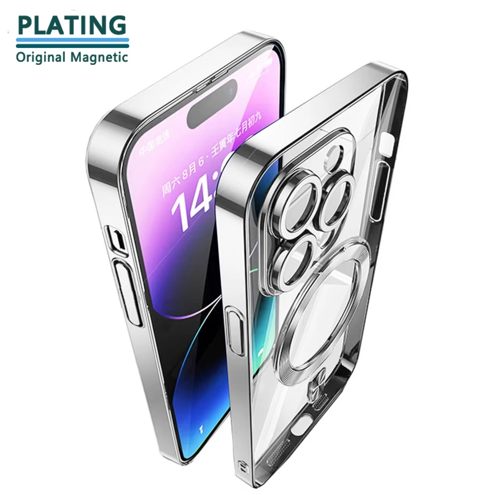 Luxus Drahtlose Magnetische Beschichtung Fällen Case Für Apple Magsafe Hülle Iphone 16 15 14 Plus 17 Air 11 12 13 Pro Max Magnete Transparenz Metallring Und Violett Blaues Lichtglas Linsenfilm