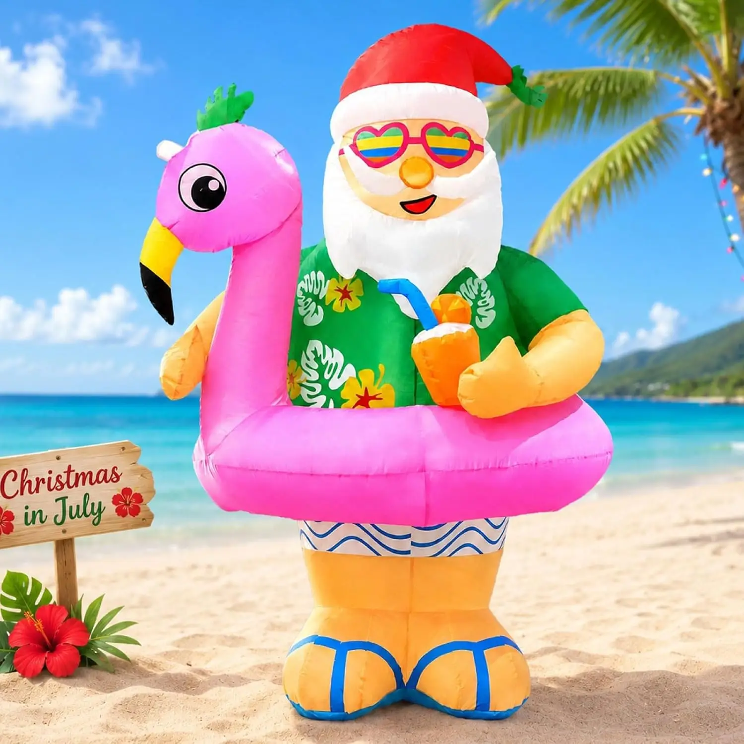 Christmas Inflatable Santa Claus Outdoor Decorations 6ft Giant Blow Up Hawaiian Santa Inflatables with Flamingo Swimming Ring fo