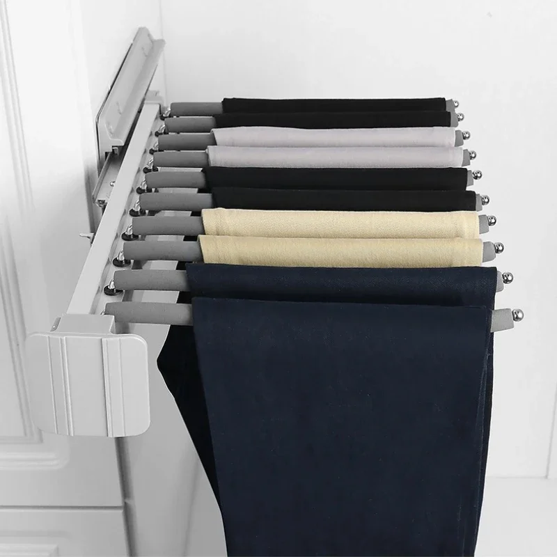 Wardrobe Telescopic Pants Rack Armoire Trousers Holder Clothes Storage Push Pull Damping Cabinet Dress Shelf Clothing Organizer