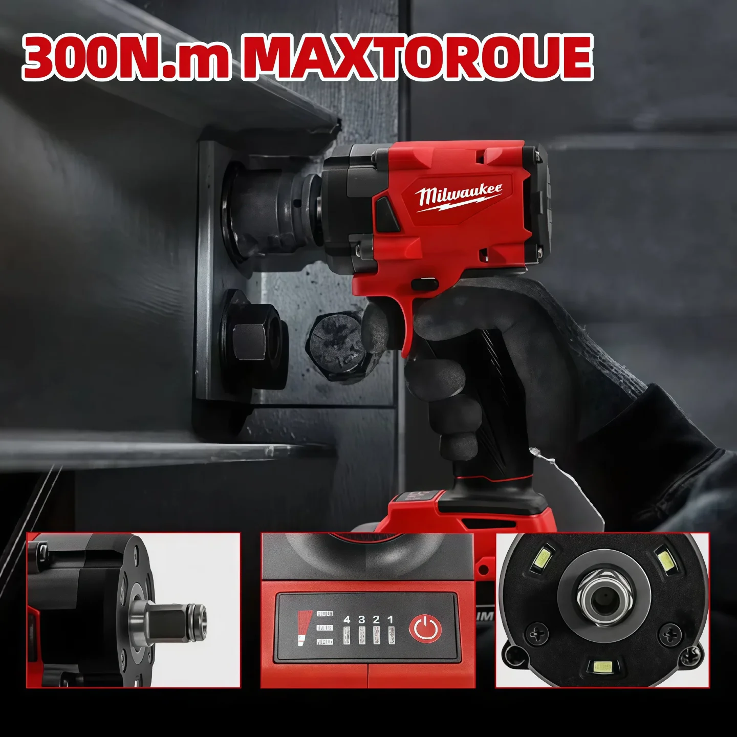 ميلووكي مفتاح ربط كهربائي 1/2 بوصة 300N.M مفتاح ربط بدون فرشاة Pin4 تروس أداة كهربائية لاسلكية مفك براغي عزم دوران عالي #2