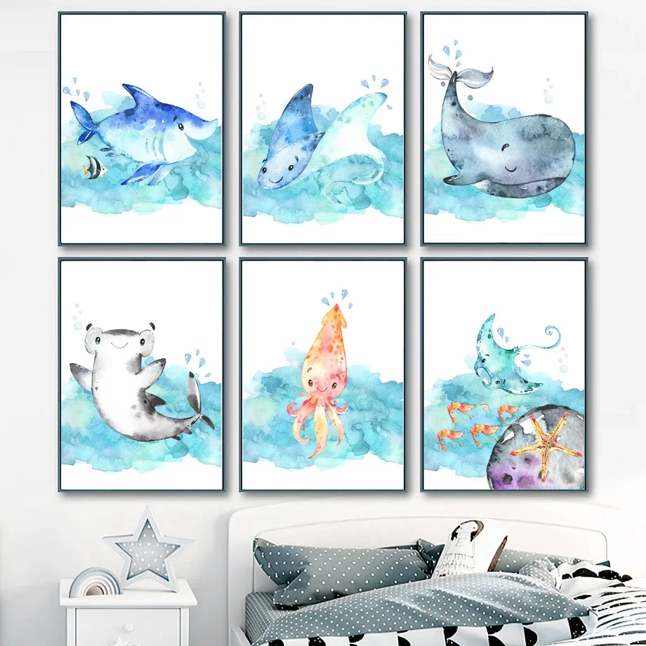 Marine Cute Cartoon Animal Shark Squid Stingray Whale Wall Art Canvas Painting Nordic Posters And Prints Wall Pictures Kids Room