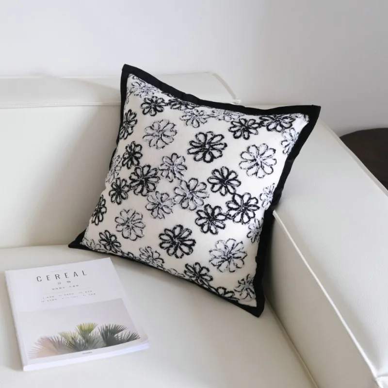 Scheme Embroidery Black Edge Pillowcase Ins Style Flower Waist Pillow Case Sofa Cushion Cover Sample Room Cushion Cover