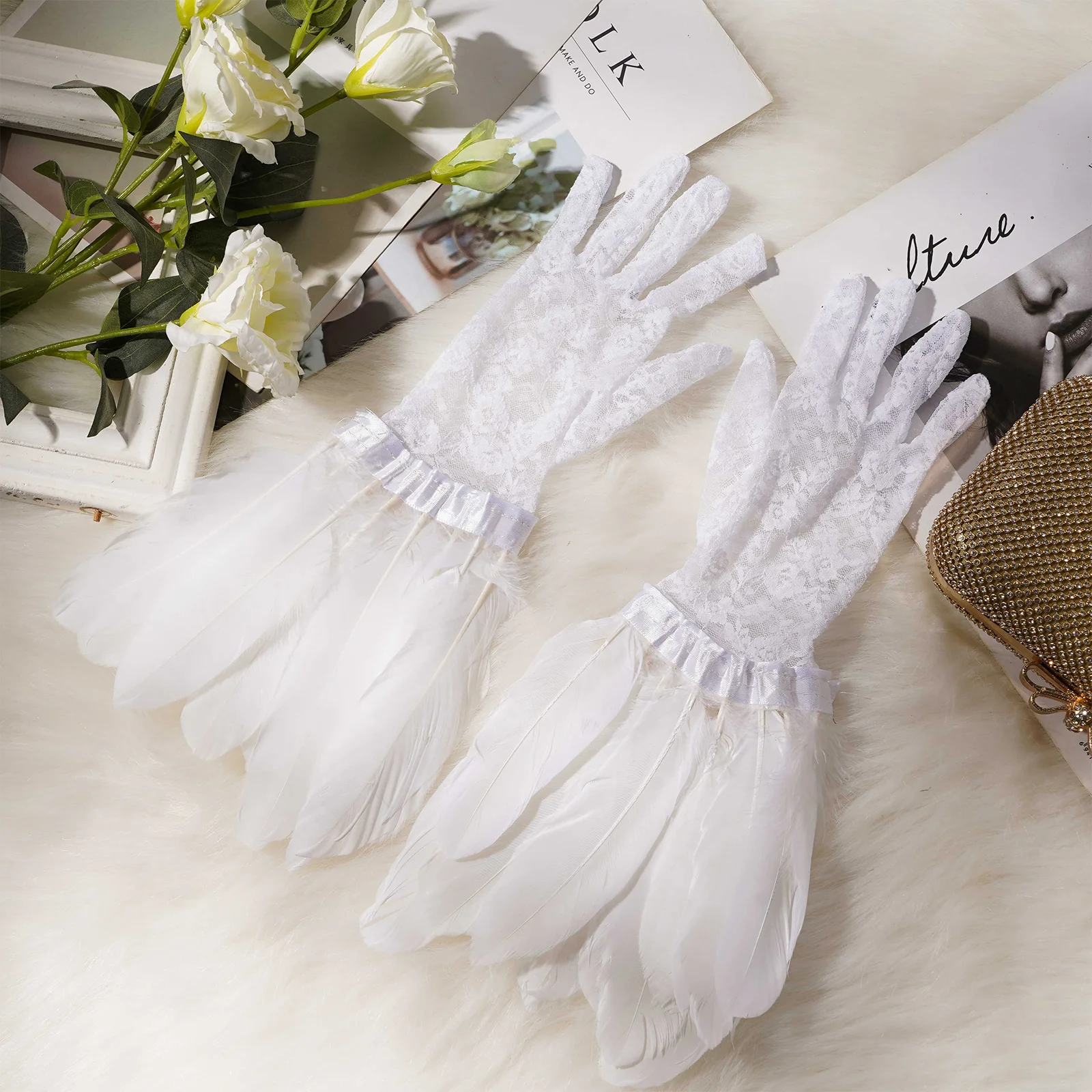 1Pair Adult Feather Gloves Halloween Party Witch Bridal Dress Accessories Stretchy Floral Lace Ball Gloves Feather Wrist Gloves