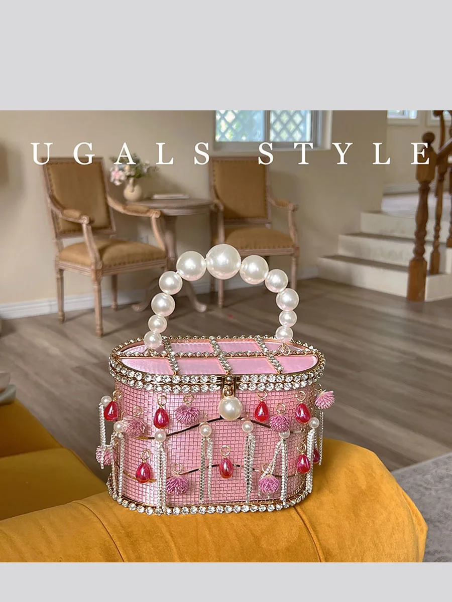 UGALS Shiny Metal Bucket Handbag Fruit Pattern Sweet Lady Style Crossbody Bag for Party Elegant Bird Cage Water Bucket Bag