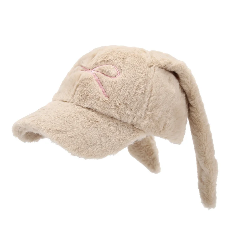 Women Fuzzy Bunny Ear Baseball Cap with Pink Bow Embroidery Adjustable Winter Warm Hat Black Beige view 5