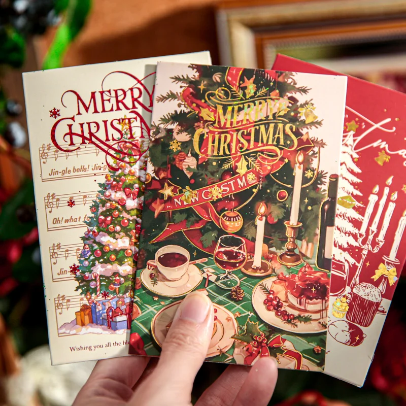 4pcs Rectangular Christmas Greeting Cards Candlelight Song Series Handmade Blessing Small Card Creative Practical Decor Gifts