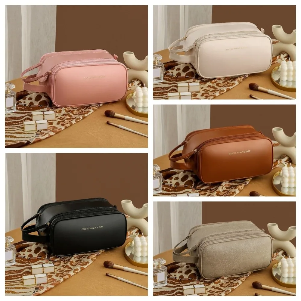 حقيبة مستحضرات التجميل المصنوعة من جلد البولي يوريثان بسحاب مزدوج مقاومة للماء ذات سعة كبيرة حقيبة مكياج حقيبة حمل للمكياج منظم أدوات الزينة