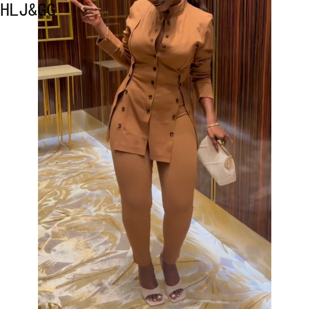 HLJ&GG Elegant Lady Solid Button Skinny Pants Two Piece Sets Women Stand Collar Long Sleeve Top And Pants Outfit Female Clothing