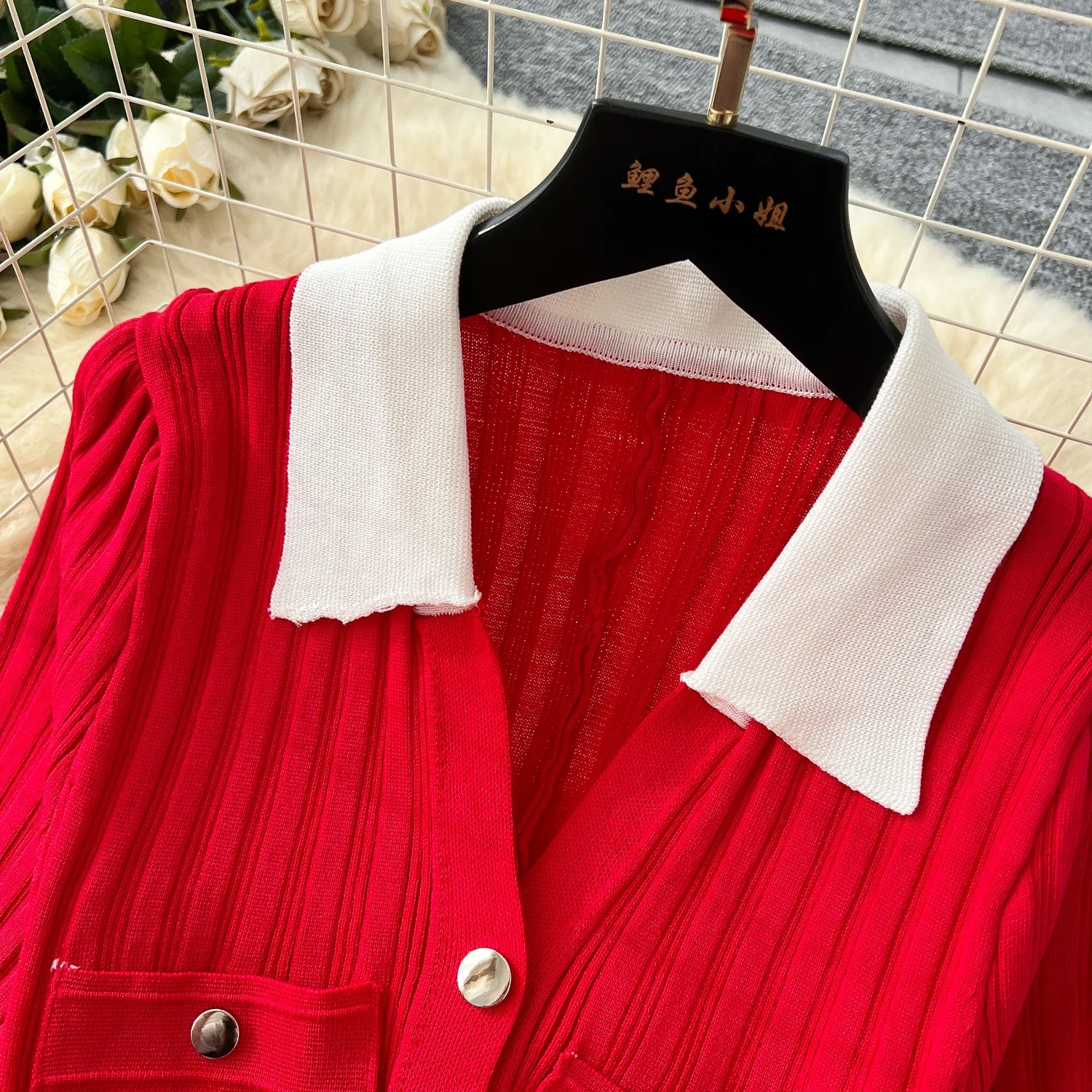 Elegant Turn-down Collar Vintage Long Sleeves Chic Patchwork Single Breasted Slim Knit Dress French Evening High Street Clothing