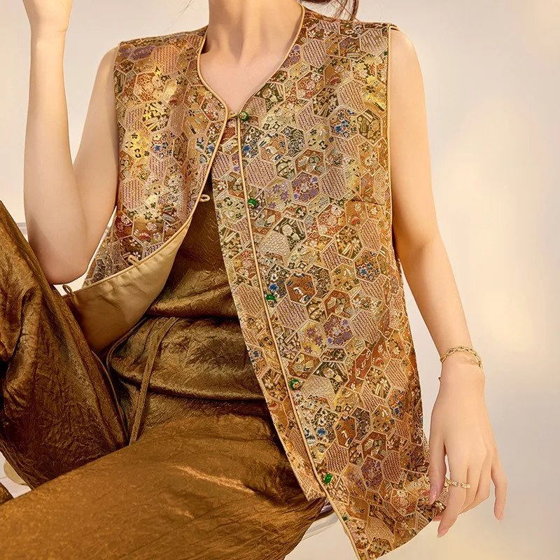 New Chinese style Song brocade jacquard satin printed waistcoat light luxury temperament design sense of niche blouse