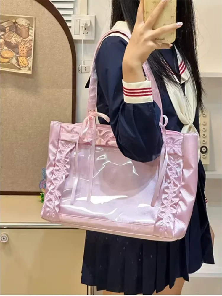 Sweet Lolita Style Transparent Window Ita Tote Bag Soft Satin Ruffled Bow Design Anime Display Shoulder Bag Student Book Handbag