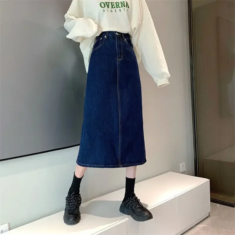 Denim Skirts Women Midi Autumn Simple High Waist Elegant Stylish Vintage Korean Style Slit Daily All-match Fashion A-line Casual