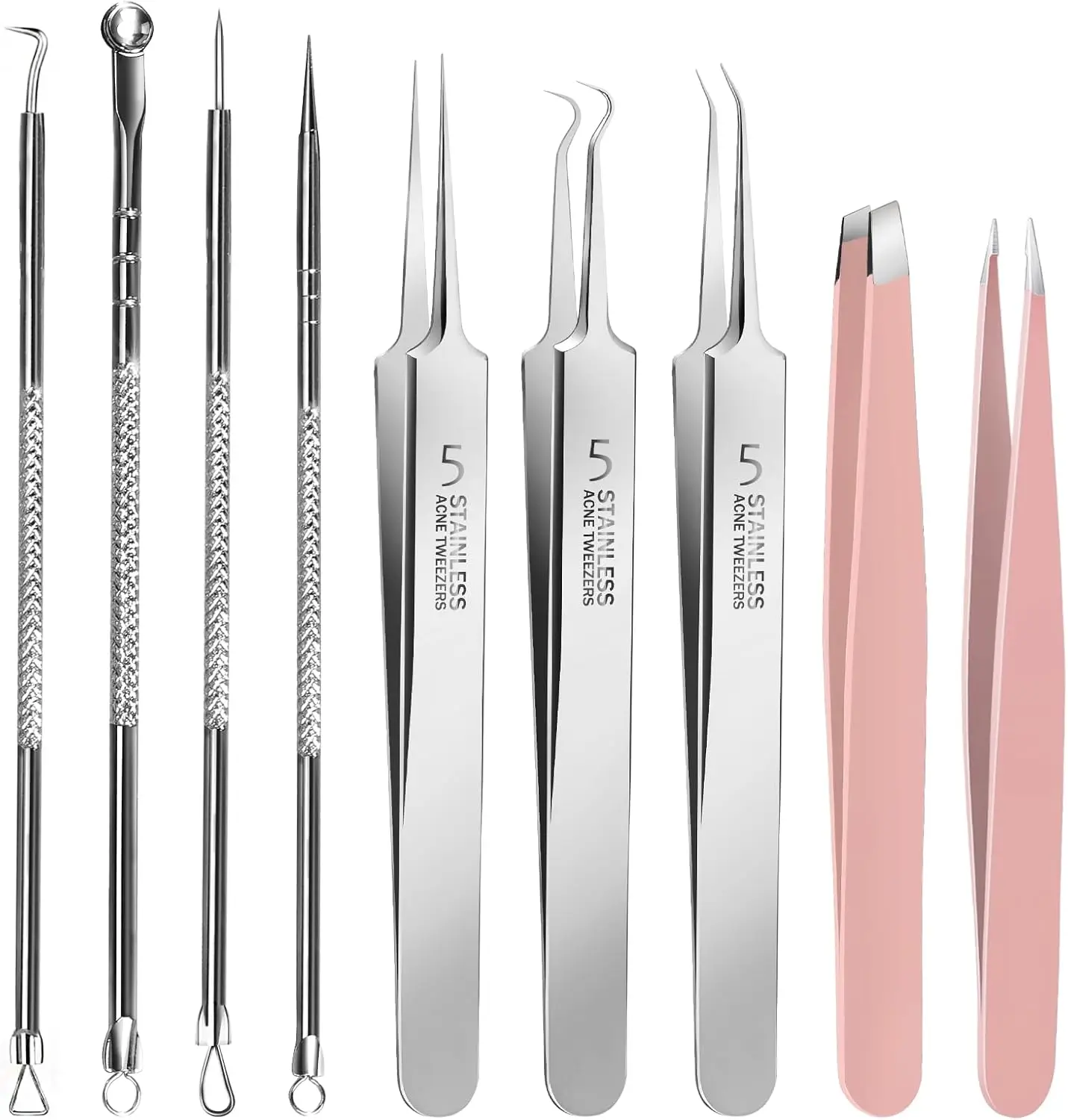 9個のプロフェッショナルな黒ずみ除去ピンセットとニキビ除去ツールキット、女性用ステンレス鋼黒ずみ除去ツール