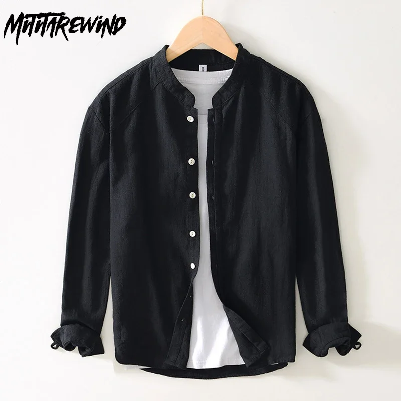 

Summer Cotton Linen Shirt Men Daily Breathable Man Shirts Japan Vintage Clothes Stand Collar Long Sleeve Black Shirt Simple Tops