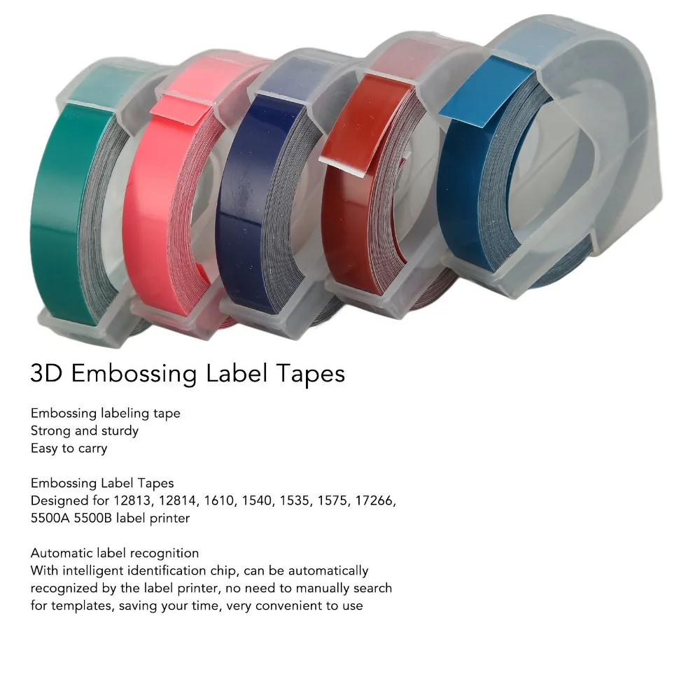 5Pcs 9mm Width 3D Embossing Label Tapes Wide Application 9.8ft Length Embossing Tape for DYMO12813、12814、 5500A 5500B