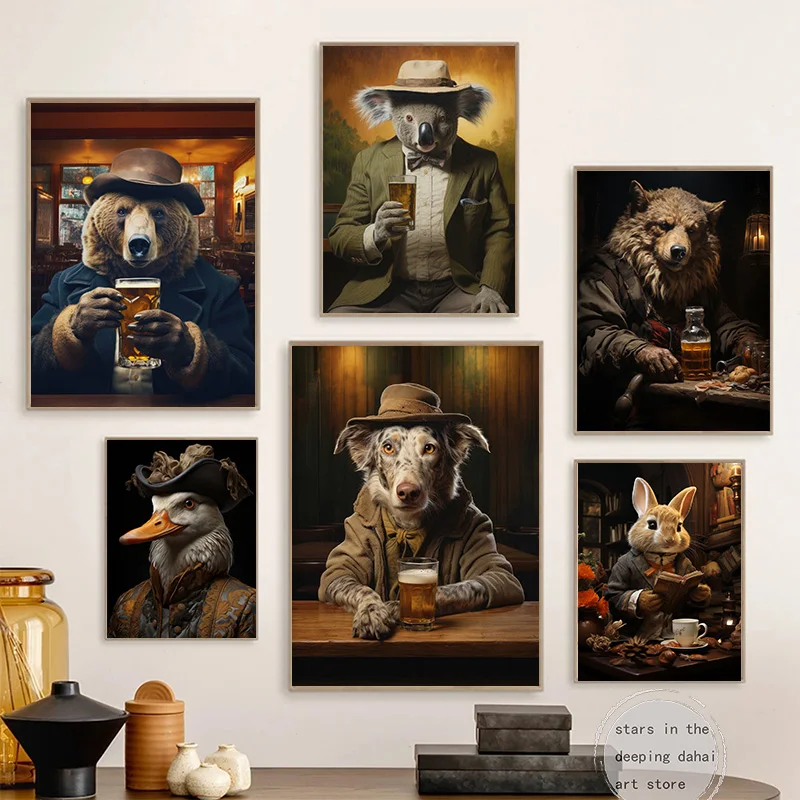 Funny Animal Cat Dog Drinking Beer Rabbit Drinking Tea Art Poster Canvas Painting Wall Prints Picture for Bar Room Home Decor