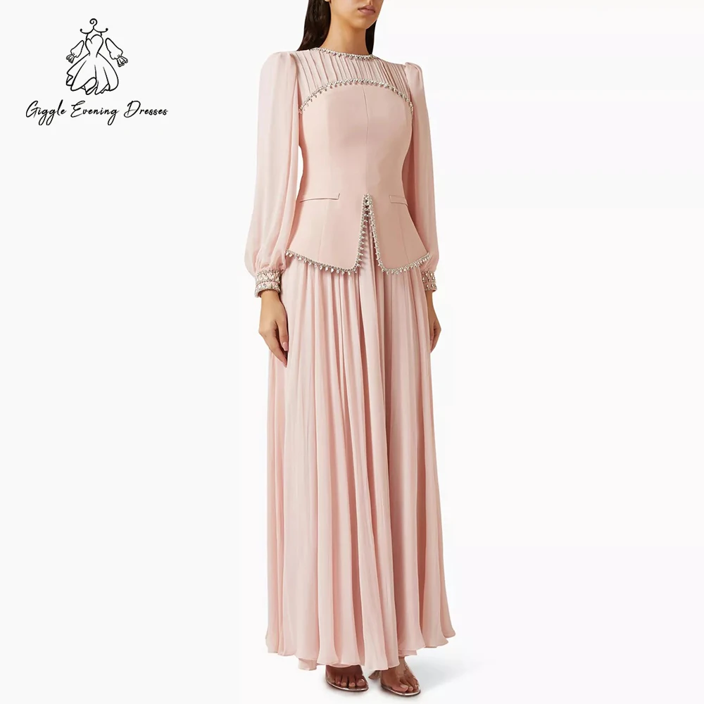 

Giggle Pink O-Neck Maxi Modest Party Dress Luxury Pearl Trim Long Sleeve Evening Dress Elegant A-Line Prom Gowns Customized
