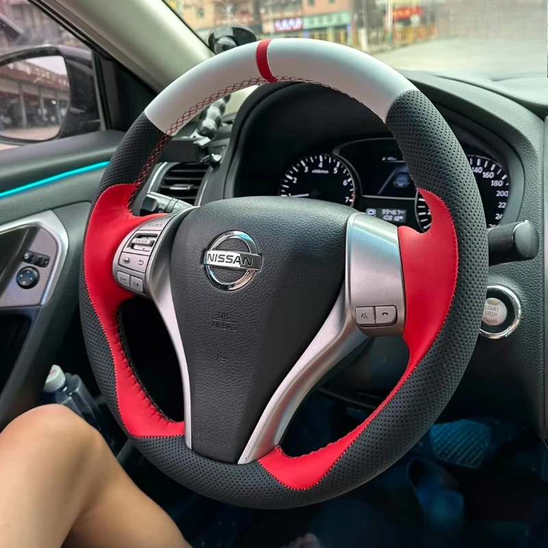 

100% для Nissan Teana Altima 2013-2016 X-Trail QASHQAI, сшитый вручную, черный, белый, красный, натуральная кожа, чехол на руль автомобиля