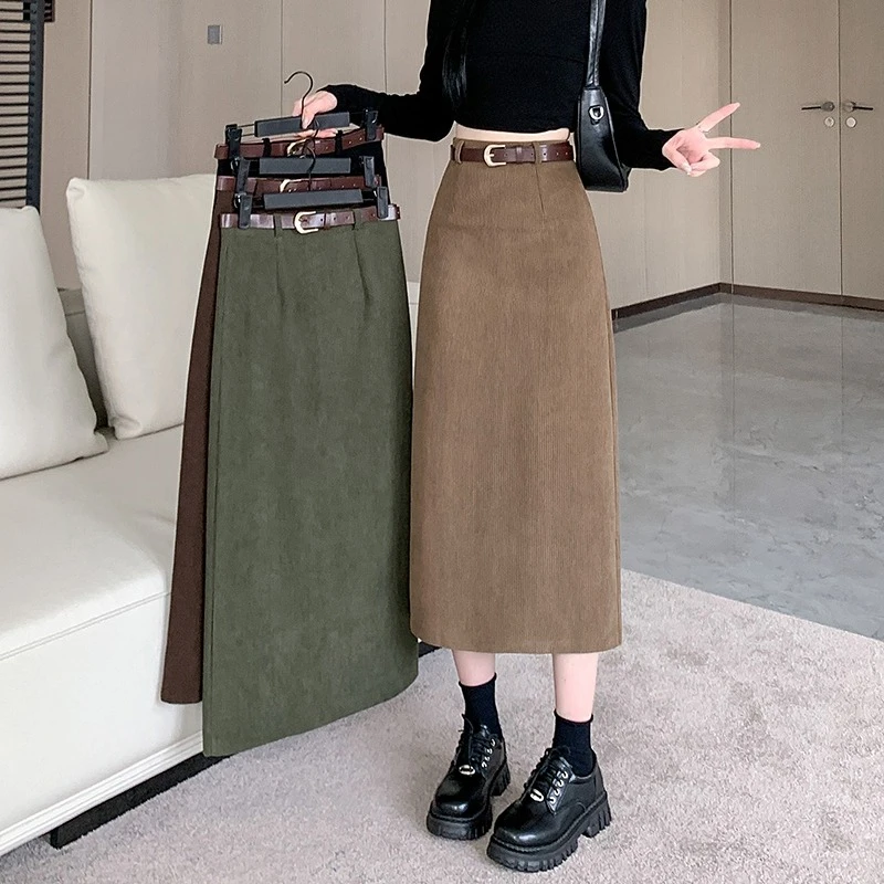 

2025 New Autumn Winter Vintage Women's Corduroy A-Line Skirts with Belted Solid Korean Office Straight Wrap Midi Skirts Female