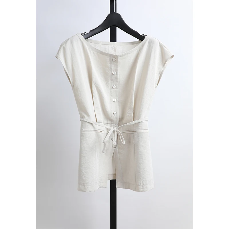 

Awei Summer New IT Brand Women's round Neck Waist-Cinching Belted Sleeveless Linen Top Breathable Comfortable Casual Shirt