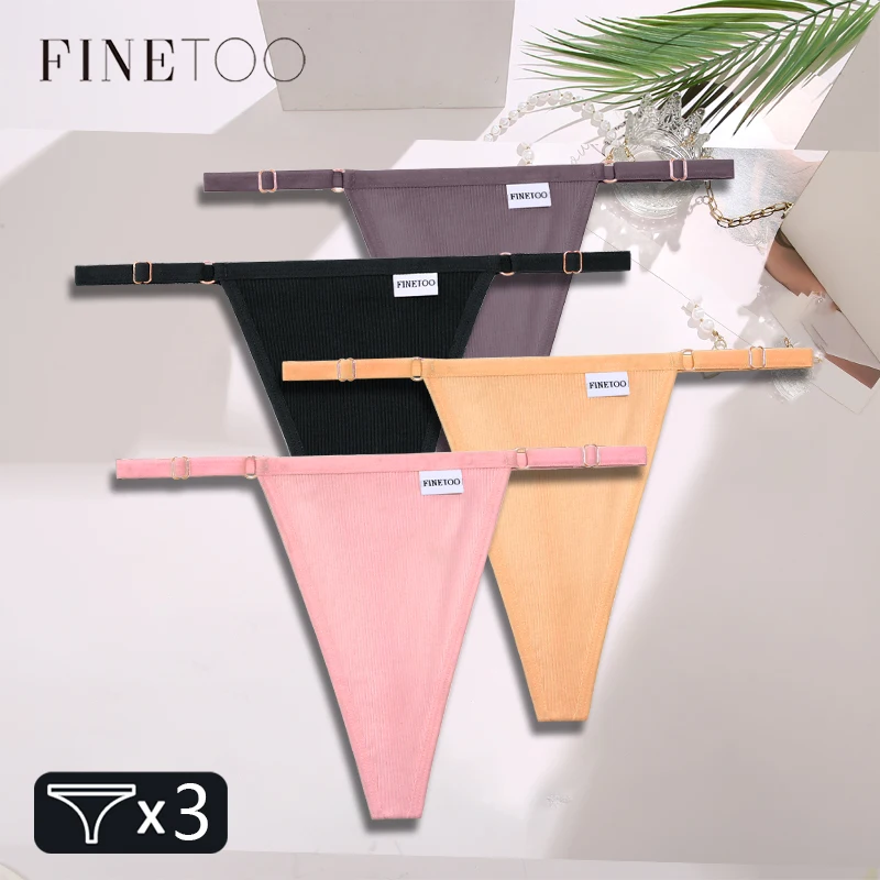 FINETOO-Sous-vêtement sexy en coton pour femme, 3 pièces, taille ajustable, taille basse, string à rayures solides, bikini, lingerie