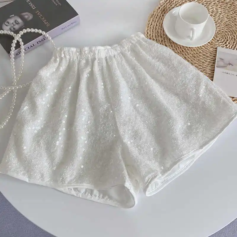 Women's Silver A-line Micro Shorts 2000s Y2k Mini Sequins Shorts with Elastic Harajuku Vintage Short Pants Clothes Summer 2025