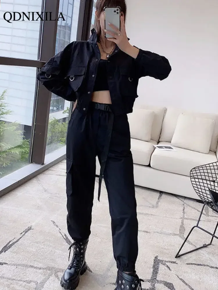 2024 New Korean Women Pants Sets Cargo Black Elegant Matching Sets Sports Tracksuit Women\'s Suit Trousers 2 Piece Sets Outfits