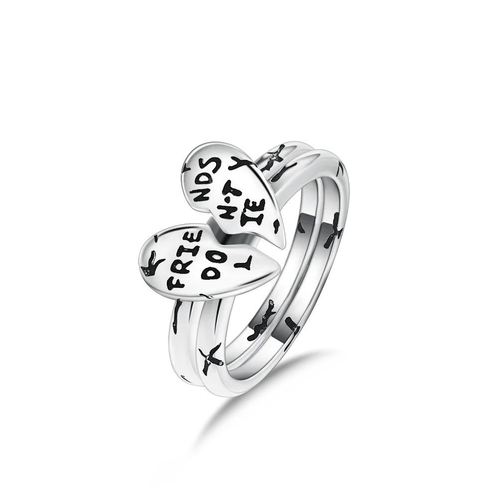 Silver Plated Bff Heart Statement Ring Engraved Split Band Design Hypoallergenic For Sensitive Skin Trendy Dainty Ring Gift
