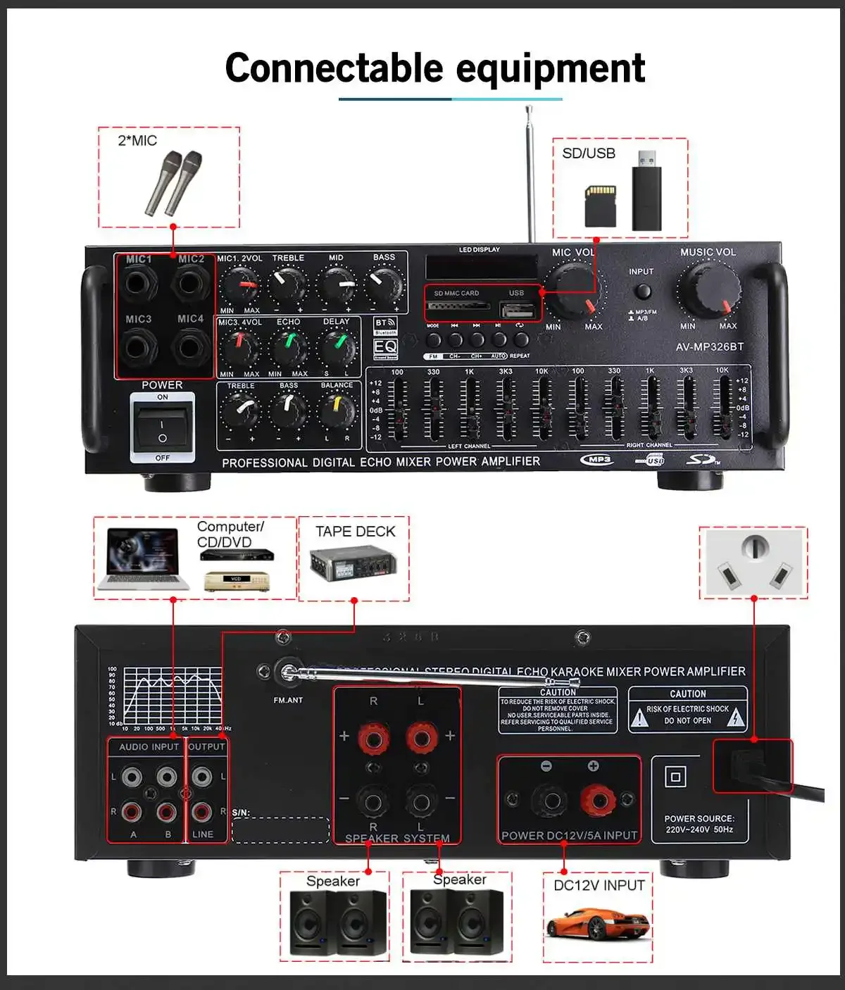 2000W 5.0 bluetooth 2 Channel Audio Power HiFi Amplifier 326BT 12V/220V AV Amp Speaker with Remote Control 4 Micro for Car Home