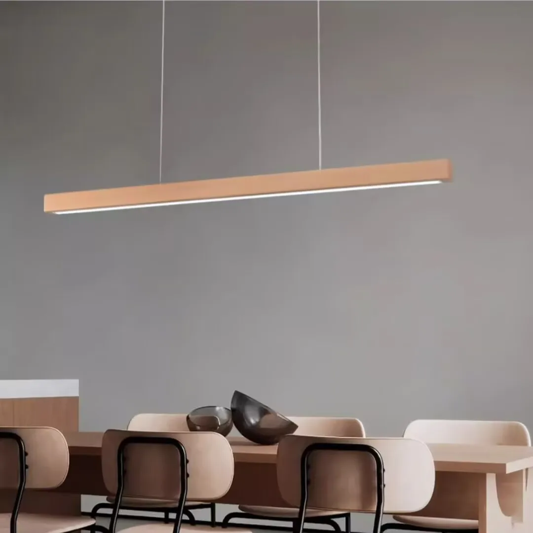 Minimalist one word solid wood dining room chandelier, LED long strip bar light, dining room table and tea room chandelier
