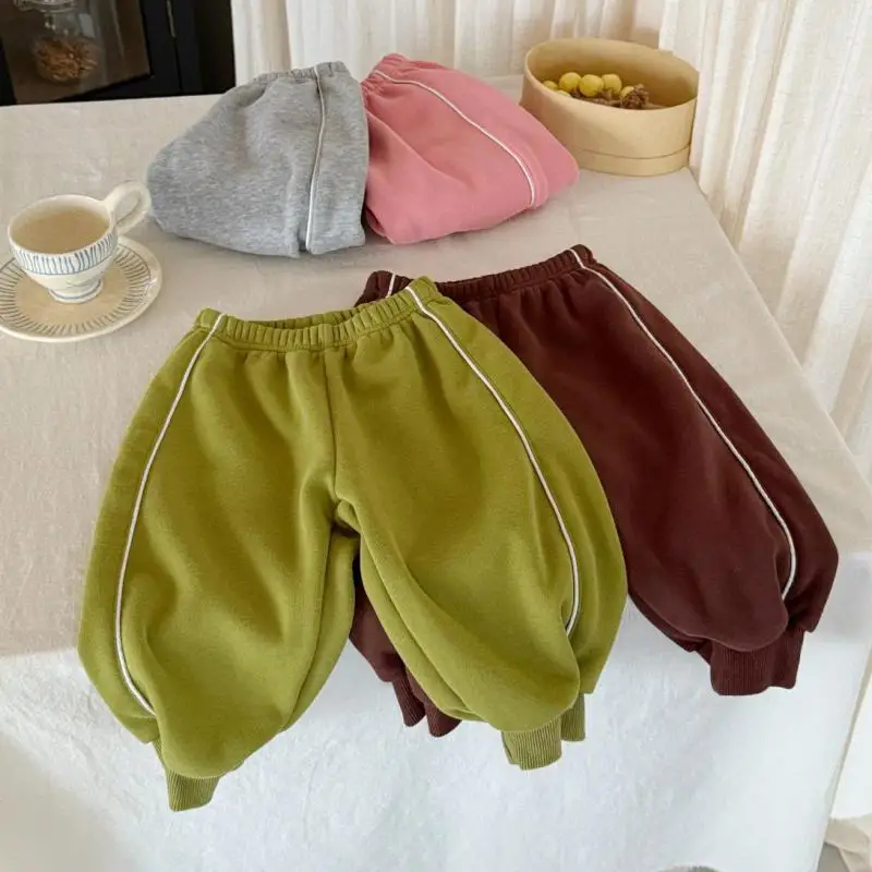 

2025 Winter New Children Fleece Trousers Boys Girls Sweat Pants Plus Velvet Thick Baby Harem Pants Fashion Kids Warm Pants