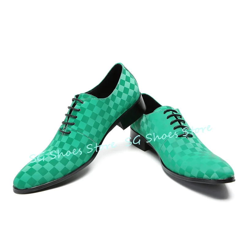 

Round Toe Lace-Up Brogue Leather Shoes for Men Fashion Green Checkered Chunky Heel Shallow Oxfords Male Wedding Dress Shoes