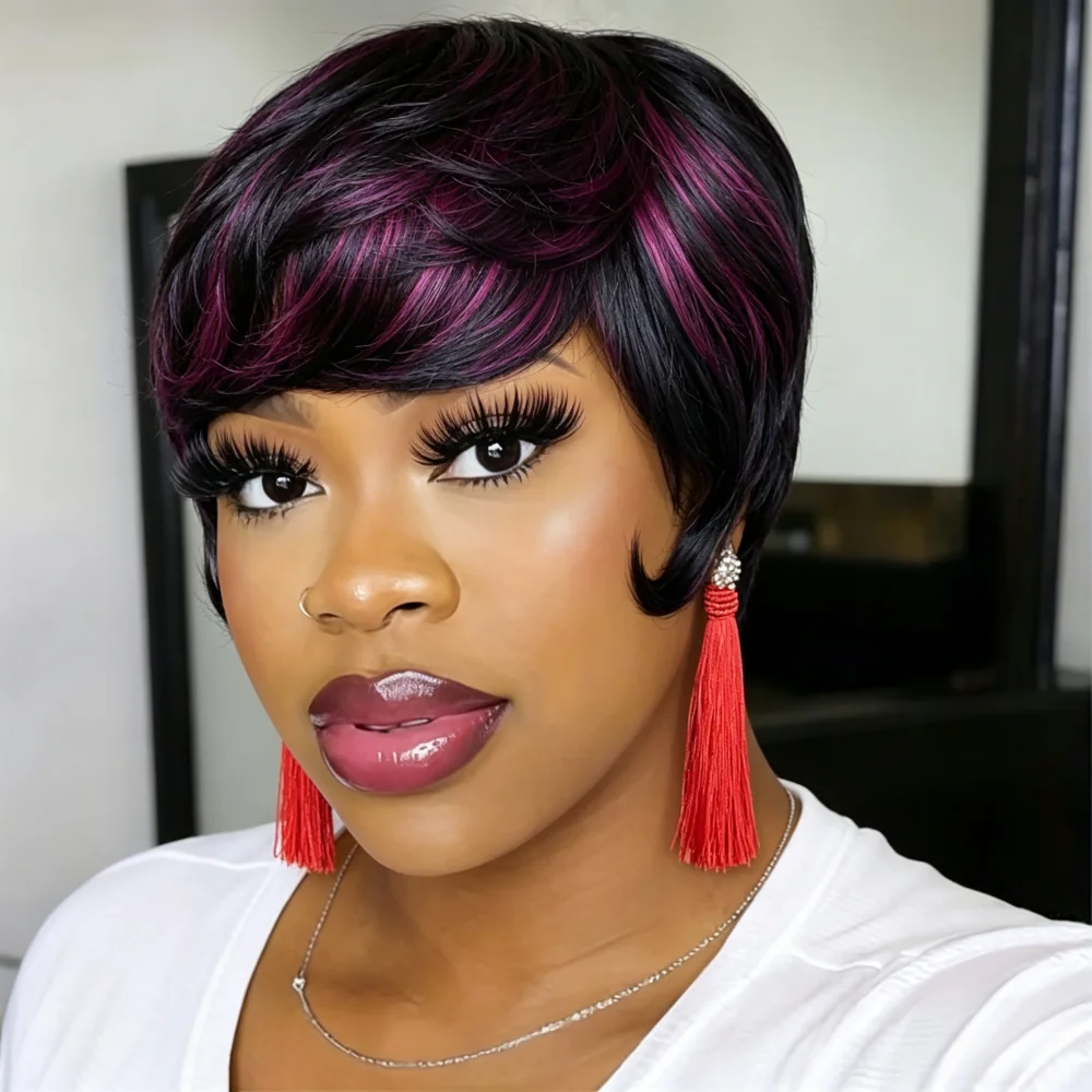 Full Machine Made Short Pixie Human Hair Wig, Black Hair With Purple Highlights, Layered Bangs Short Cut Wig for Women
