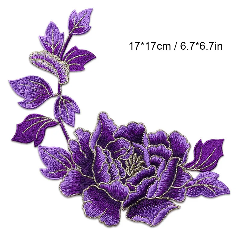 1 Piece Sew on Golden Edge Peony Flower Embroidery Patches Ethnic Style Symmetrical Cloth Patches DIY Decorations Accessories