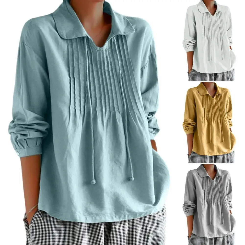 

Women Professional Top Spring Women's Pleated Pullover Shirt with Turn-down Collar Tassel Detail Loose Fit Soft for Wear