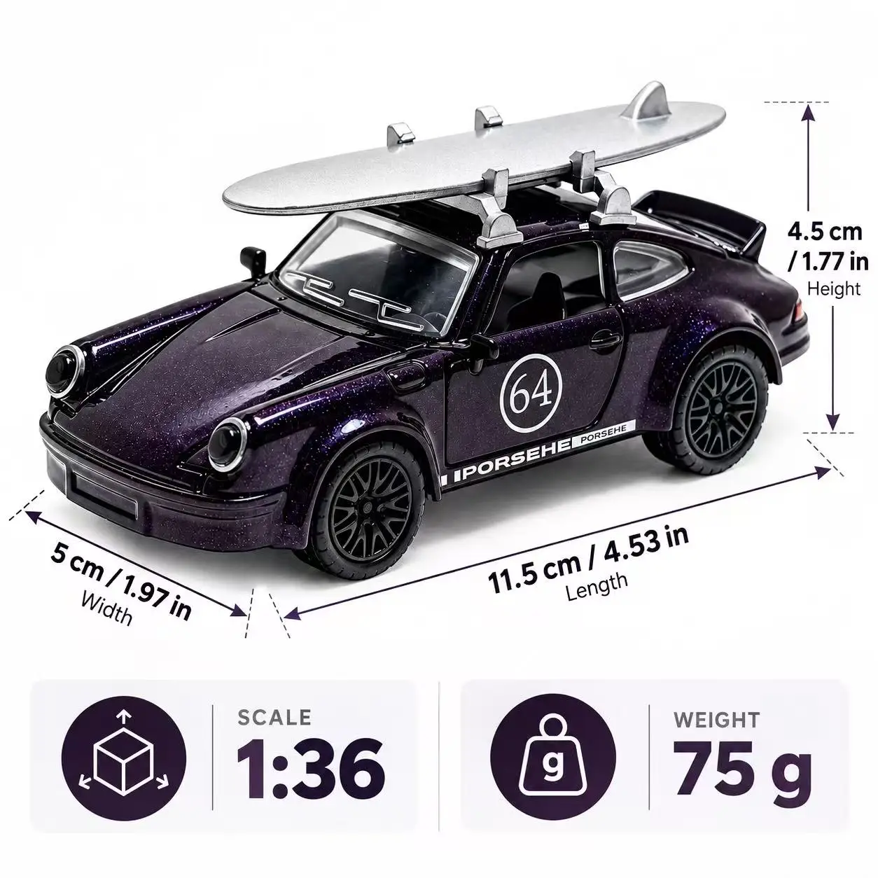 (Corrugated box) 1/36 scale, Alloy Vintage Coupe With Surfboard style toy car, powerful spring, metal casting, the best gift.