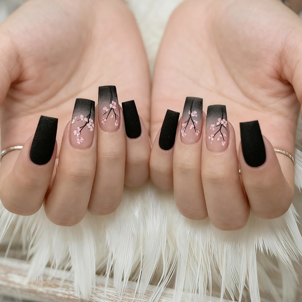 

24Pcs Gradient Black French False Nails With Glue Acrylic Press On Fake Nail For Woman Matte Effect DIY Manicure Accessory