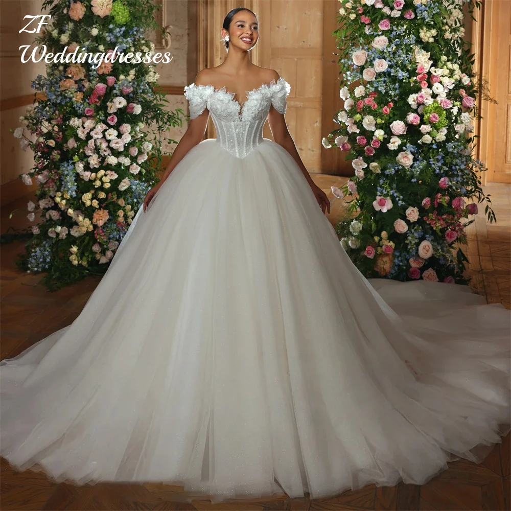 

Customized Vintage Glitter Lace Wedding Dress Ball V-Neck Applique Sparkly Flower Bridal Gown Princess Ball Bride Dress