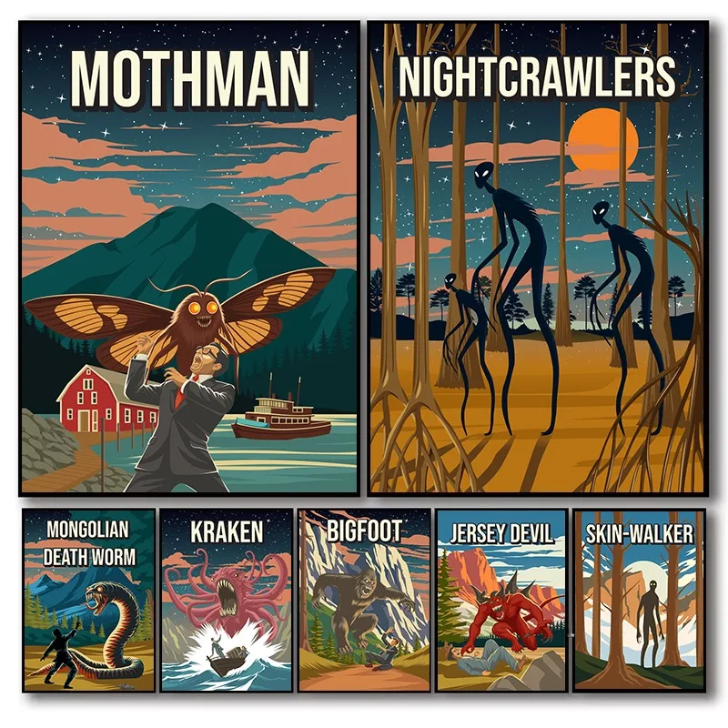 Retro Monster Travel Poster Vintage Folklore Horror Legends Mothman Nightcrawler Devil Canvas Painting Wall Living Room Decor