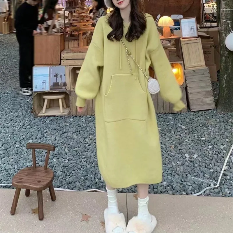 

Solid Color Long Sleeve Soft Cozy Korean Style Thickened Hooded Knitted Sweater Dress Loose Inner Wear Polyester Acrylic