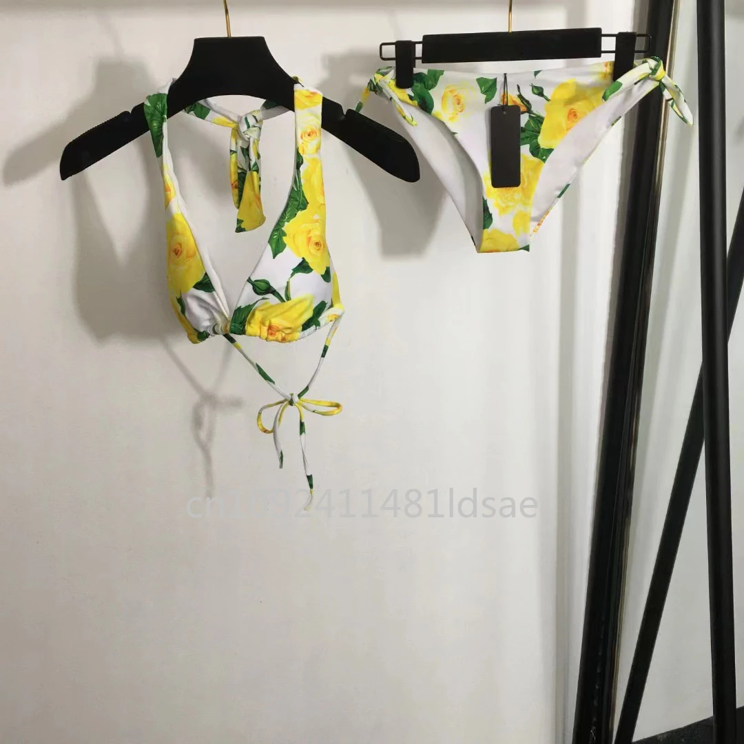 

Luxury Design Women's Yellow Flower Bikini Sets Designer Brand Lady Sexy Swimsuits Bathing Suits
