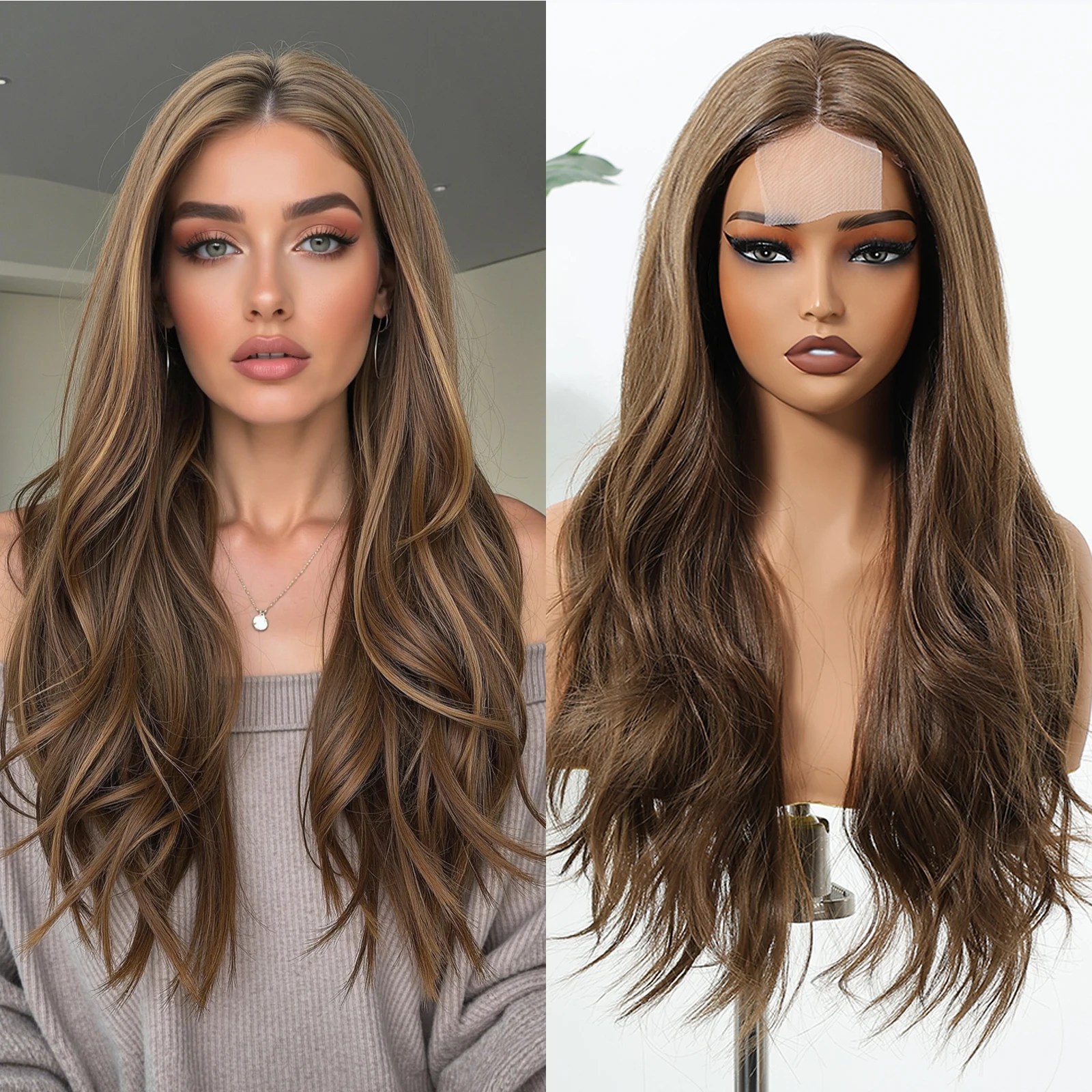 

Ombre Brown Synthetic Wigs Long Wavy Curly Blonde Wigs Middle Part Heat Resistan For Cosplay women Daily Party Use 26 IN Wig