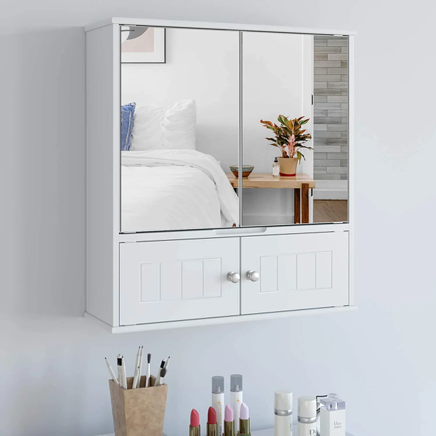 Spiegelschrank, Badezimmerschrank mit Spiegel, Hängeschrank mit 2 Spiegeltüren und 2 Holztüren,