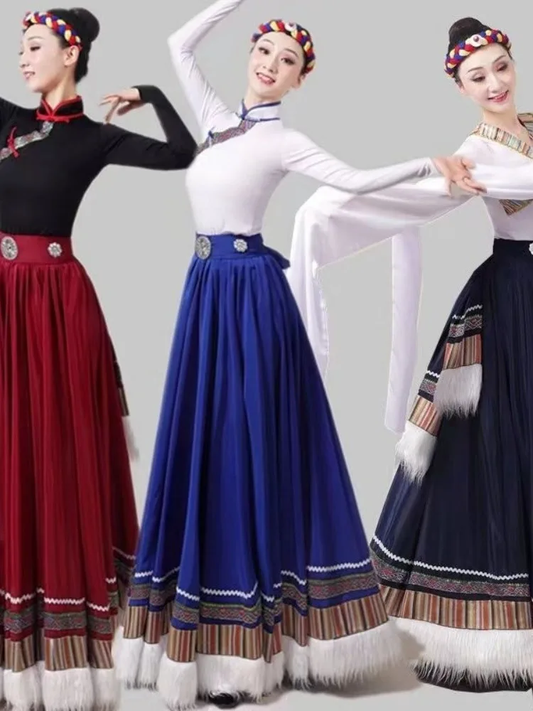 

New Women's Tibetan Dance Performance Clothing with Water Sleeves Student Half Skirt Large Swing Ethnic Art Exam Practice Skirt