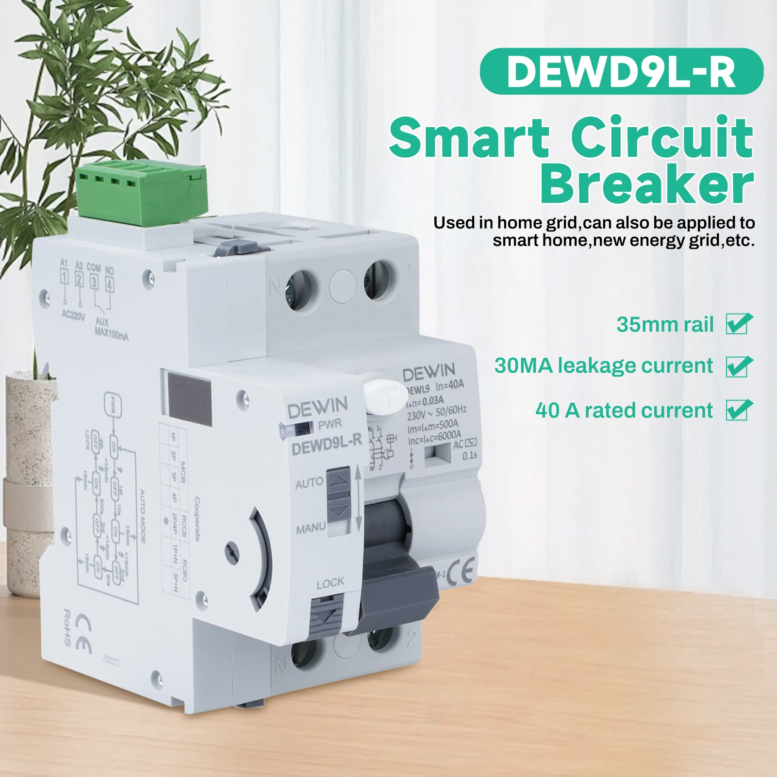 

DEWIN GRD9L-R RCCB Automatic Reclosing Device Circuit Breaker Smart Breaker 2P AC220V 40A 30mA Reclosing Circuit Breaker Switch