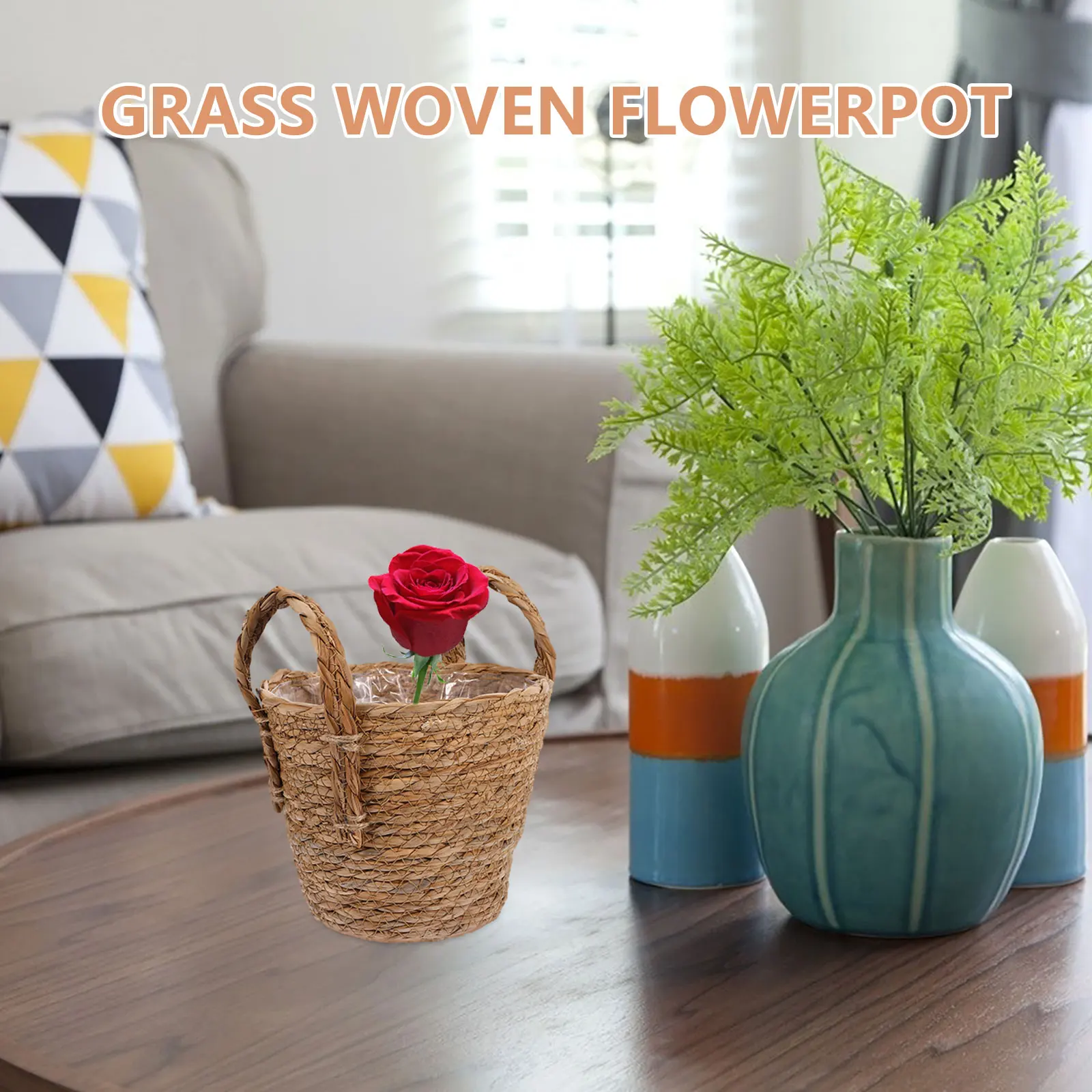 

1pc Rattan Flower Storage Basket Plant Planter Woven Retro Planter Khaki Retro 20CM Seaweed Material Indoor Boho Vase