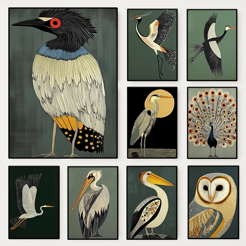 Vintage Japandi Nature Bird Poster Mid Century Flying Crane Pelican Owl Canvas Painting Wall Art for Living Room Home Decoration